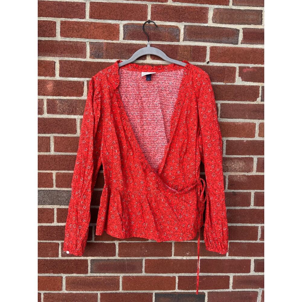 Universal Thread Red Floral Wrap Blouse Womens Large Long Sleeve Tie Waist - Picture 2 of 10
